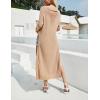 image:imagechouyatou Womens Sexy Long Sleeve Ripped Sweater Elegant Scoop Neck High Slit Maxi Sweater DressBrown