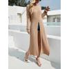 image:imagechouyatou Womens Sexy Long Sleeve Ripped Sweater Elegant Scoop Neck High Slit Maxi Sweater DressBrown