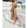 image:imagechouyatou Womens Sexy Long Sleeve Ripped Sweater Elegant Scoop Neck High Slit Maxi Sweater DressBrown