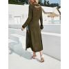 image:imagechouyatou Womens Sexy Long Sleeve Ripped Sweater Elegant Scoop Neck High Slit Maxi Sweater DressDark Green