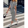 image:imagechouyatou Womens Sexy Short Sleeve Knit Hoodie Dress Pencil Bodycon Striped Midi Sweater Sweatshirt DressBlack White