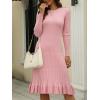 image:imagechouyatou Womens Sexy Stretch Bodycon Sweater Dress Long Sleeve Ruffle Hem Ribbed Knit Midi Long DressPink