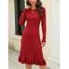 image:imagechouyatou Womens Sexy Stretch Bodycon Sweater Dress Long Sleeve Ruffle Hem Ribbed Knit Midi Long DressRed
