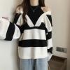 image:imagechouyatou Womens Sexy Y2k Creweck Cold Shoulder Sweater Color Block Striped Knit Pullover Jumper TopsBlack
