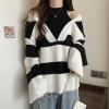 image:imagechouyatou Womens Sexy Y2k Creweck Cold Shoulder Sweater Color Block Striped Knit Pullover Jumper TopsBlack