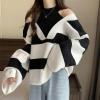 image:imagechouyatou Womens Sexy Y2k Creweck Cold Shoulder Sweater Color Block Striped Knit Pullover Jumper TopsBlack