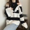 image:imagechouyatou Womens Sexy Y2k Creweck Cold Shoulder Sweater Color Block Striped Knit Pullover Jumper TopsBlack