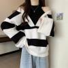 image:imagechouyatou Womens Sexy Y2k Creweck Cold Shoulder Sweater Color Block Striped Knit Pullover Jumper TopsBlack