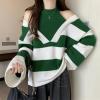 image:imagechouyatou Womens Sexy Y2k Creweck Cold Shoulder Sweater Color Block Striped Knit Pullover Jumper TopsGreen
