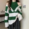 image:imagechouyatou Womens Sexy Y2k Creweck Cold Shoulder Sweater Color Block Striped Knit Pullover Jumper TopsGreen