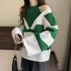 image:imagechouyatou Womens Sexy Y2k Creweck Cold Shoulder Sweater Color Block Striped Knit Pullover Jumper TopsGreen