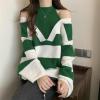 image:imagechouyatou Womens Sexy Y2k Creweck Cold Shoulder Sweater Color Block Striped Knit Pullover Jumper TopsGreen