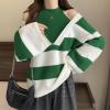 image:imagechouyatou Womens Sexy Y2k Creweck Cold Shoulder Sweater Color Block Striped Knit Pullover Jumper TopsGreen