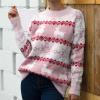 image:imagechouyatou Womens Snowflake Reindeer Pullover Sweater Color Block Fluffy Jumper TopsPink