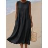 image:imagechouyatou Womens Summer Sleeveless Denim Pleated Midi Long Dress Loose Fit A Line Swing Boho Tank Sun Jean DressBlack