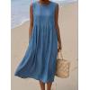 image:imagechouyatou Womens Summer Sleeveless Denim Pleated Midi Long Dress Loose Fit A Line Swing Boho Tank Sun Jean DressBlue