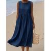 image:imagechouyatou Womens Summer Sleeveless Denim Pleated Midi Long Dress Loose Fit A Line Swing Boho Tank Sun Jean DressDark Blue