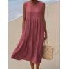 image:imagechouyatou Womens Summer Sleeveless Denim Pleated Midi Long Dress Loose Fit A Line Swing Boho Tank Sun Jean DressDark Red