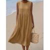 image:imagechouyatou Womens Summer Sleeveless Denim Pleated Midi Long Dress Loose Fit A Line Swing Boho Tank Sun Jean DressKhaki