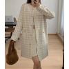 image:imagechouyatou Womens Vintage Checkered Plaid Long Cardigans Button Down Knit Cardigan Sweater Coatigan JacketBeige White