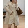 image:imagechouyatou Womens Vintage Checkered Plaid Long Cardigans Button Down Knit Cardigan Sweater Coatigan JacketBeige White