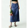 image:imagechouyatou Womens Vintage Floral Print Denim Skirt Y2k Distressed A Line Pleated Jean Midi Long Skirt with PocketsDark Blue