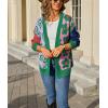 image:imagechouyatou Womens Y2k Color Block Floral Print Cardigans Open Front Knit Sweater Cardigan Jacket CoatGreen