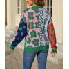 image:imagechouyatou Womens Y2k Color Block Floral Print Cardigans Open Front Knit Sweater Cardigan Jacket CoatGreen