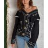 image:imagechouyatou Womenss Fall Jacqurd Knit Graffiti Cardigan Sweater Button Down Color Block Oversized CardiganBlack