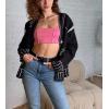 image:imagechouyatou Womenss Fall Jacqurd Knit Graffiti Cardigan Sweater Button Down Color Block Oversized CardiganBlack
