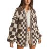 image:imagechouyatou Womens 2025 Fall Contrast Color Plaid Cardigan Sweaters Gingham Open Front Chunky Knit Cardigan JacketCoffee