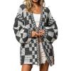 image:imagechouyatou Womens 2025 Fall Contrast Color Plaid Cardigan Sweaters Gingham Open Front Chunky Knit Cardigan JacketDark Grey