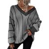 image:imagechouyatou Womens 2025 Fall Striped Pullover Sweater Loose Fit VNeck Knitted Winter Sweater Jumper TopsGrey