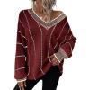 image:imagechouyatou Womens 2025 Fall Striped Pullover Sweater Loose Fit VNeck Knitted Winter Sweater Jumper TopsRed