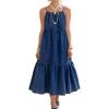 image:imagechouyatou Womens Adjustable Spaghetti Strap Denim Dress Tiered ALine Flowy Swing Maxi Long Jean Sun DressDark Blue
