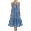 image:imagechouyatou Womens Adjustable Spaghetti Strap Denim Dress Tiered ALine Flowy Swing Maxi Long Jean Sun DressLight Blue