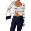 image:imagechouyatou Womens Color Block Striped Cropped Sweater Long Sleeve Scalloped Pullover Knit Jumper TopsBeige White