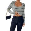 image:imagechouyatou Womens Color Block Striped Cropped Sweater Long Sleeve Scalloped Pullover Knit Jumper TopsGray