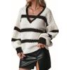 image:imagechouyatou Womens Contrast Color Striped Sweater Sexy VNeck Lantern Sleeve Pullover Jumper TopsDark Coffee