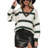 image:imagechouyatou Womens Contrast Color Striped Sweater Sexy VNeck Lantern Sleeve Pullover Jumper TopsGreen