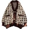 image:imagechouyatou Womens Cute Houndstooth Plaid Horn Button Color Block Knitted Cardigan Sweaters with PocketsCoffee