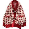 image:imagechouyatou Womens Cute Houndstooth Plaid Horn Button Color Block Knitted Cardigan Sweaters with PocketsRed