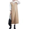 image:imagechouyatou Womens Cute Sleeveless Overall Knit Sweater Dress Jumper Midi Crewneck Maxi Long Tank DressKhaki