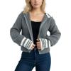 image:imagechouyatou Womens Fall Contrast Color Sweater Cardigan Sailor Collar Zip Up Cropped Cardigan JacketGrey