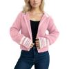 image:imagechouyatou Womens Fall Contrast Color Sweater Cardigan Sailor Collar Zip Up Cropped Cardigan JacketPink