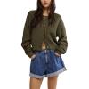 image:imagechouyatou Womens Fall Y2K Long Sleeve Button Down Cardigan Sweater Loose Casual Ribbed Knit Crop CardiganArmy Green