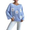 image:imagechouyatou Womens Floral Print Pullover Sweaters Cute Flower Embroidered Batwing Sleeve Loose Fit Cropped Sweater TopBlue