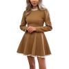 image:imagechouyatou Womens Long Sleeve Sweater Pleated Mini Dress Sexy Lace Trim A Line Flare Pullover Knit Short DressesKhaki