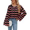 image:imagechouyatou Womens Oversized Striped Color Block Sweater Bell Long Sleeve Crochet Sweater Crop TopsBlack