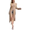 image:imagechouyatou Womens Sexy Long Sleeve Ripped Sweater Elegant Scoop Neck High Slit Maxi Sweater DressBrown